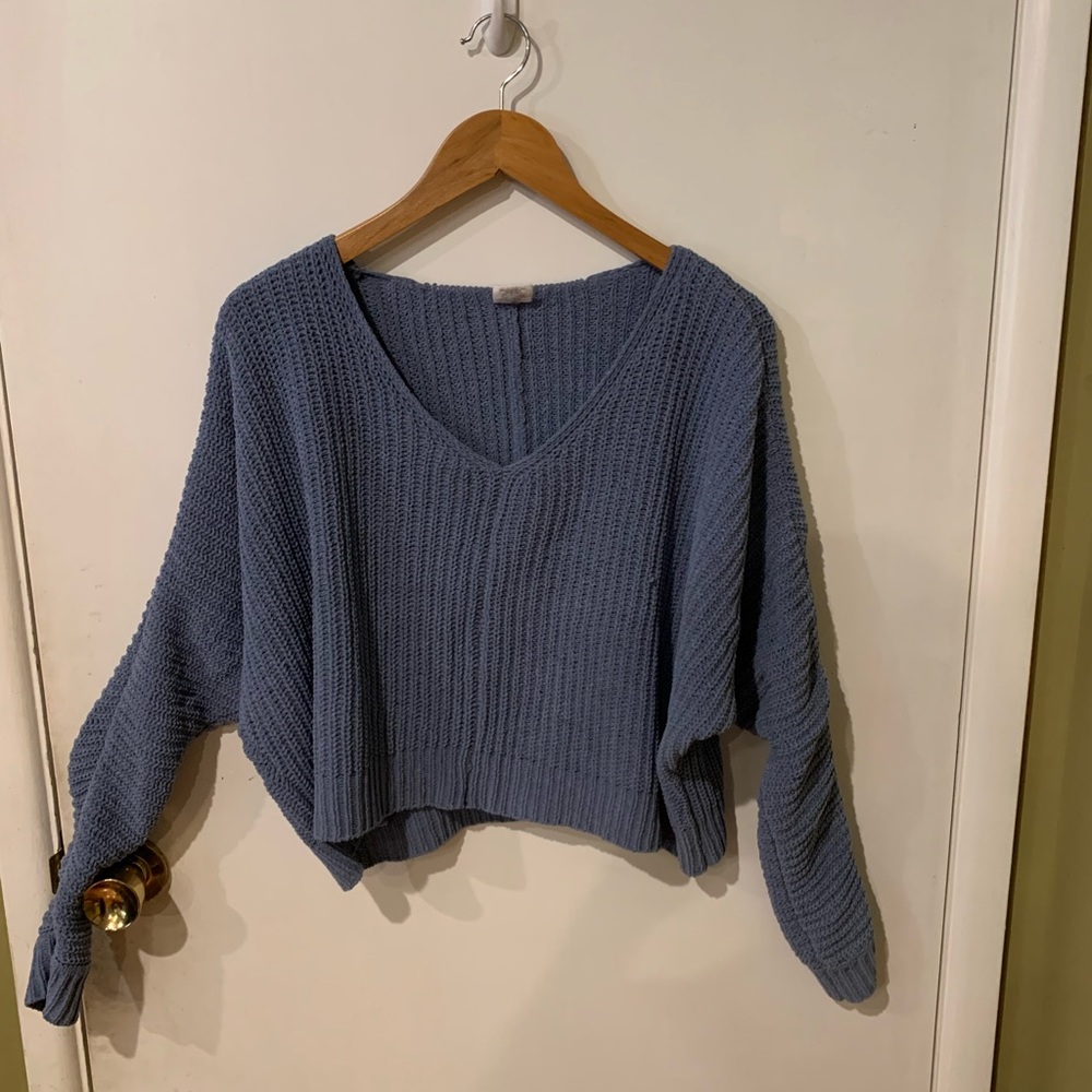 Blue Cropped Slouchy Oversized Cable Knit Sweater